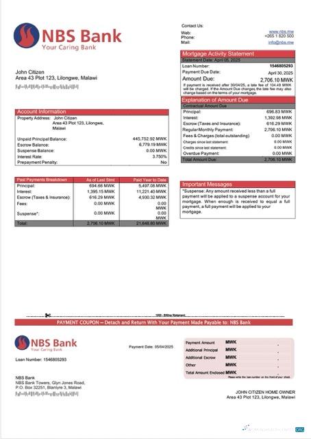 Download Malawi NBS Bank mortgage statement Word and PDF template Photoshop template